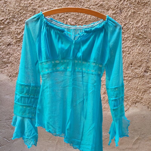 Asymmetric Sheer Blouse Turquoise new, size Small
