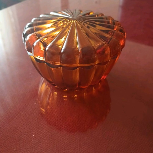 Czech glass amber candy dish with lid 7 cm high