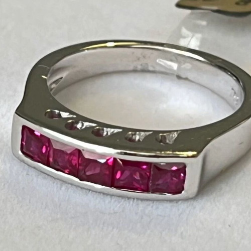 18K White Gold Half Band Ring with Princess Cut Rubies like new