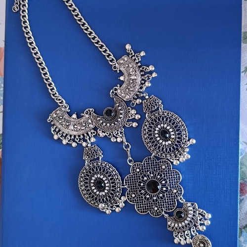 Boho Statement Necklace silver tone with black details new