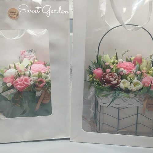 Scented soap flowers new with ceramic watering can and metal basket