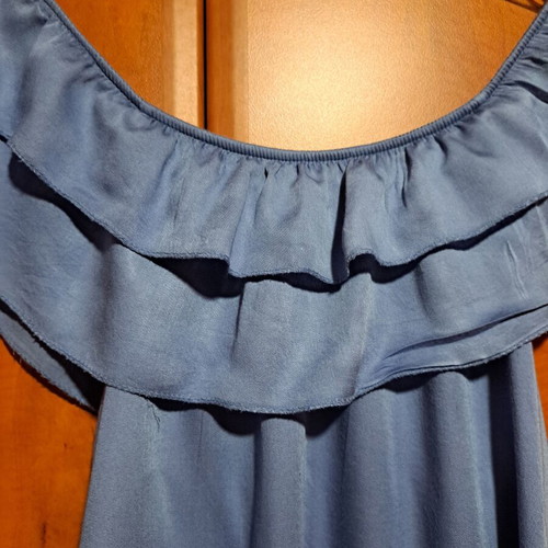 Satin off-shoulder blouse with ruffles like new, blue, size S/M