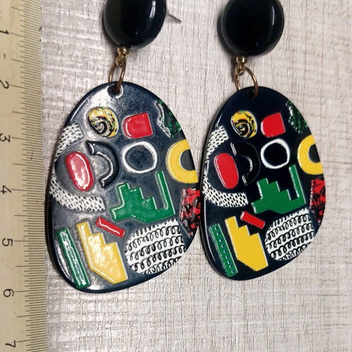 Modern Faux Bijoux Plexiglass Earrings Black with Multicolor Details Like New