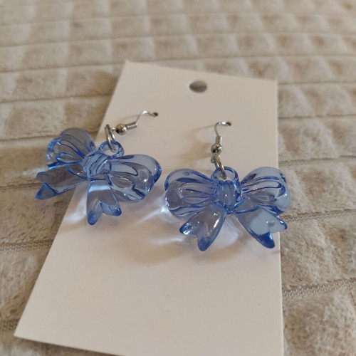 Bow earrings new, blue hanging plastic