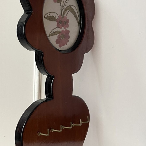 Vintage wooden wall key holder with flower and heart embroidery used