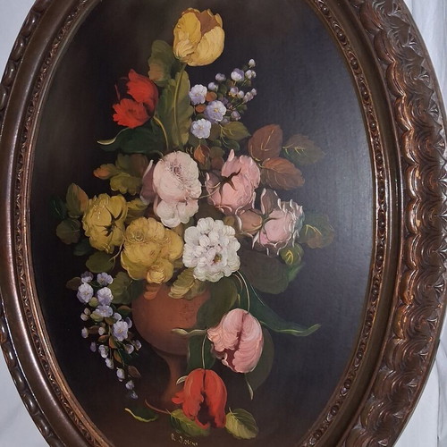 R. Rosini Large Collectible Italian Oil Painting on Wood with Flowers like new