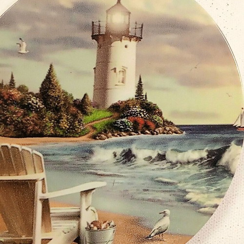 Metal hanger with wooden frame featuring lighthouse beach theme, new