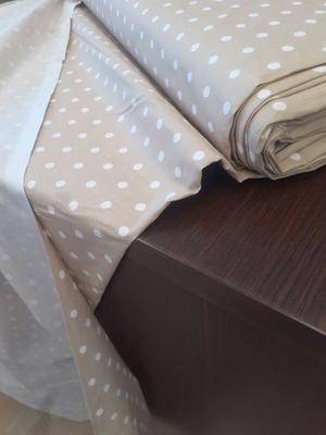 Cotton sheet fabric beige with white polka dots, 4m by 2.6m, new