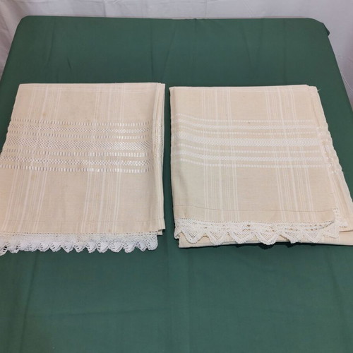 Pair of woven bed sheets with crochet lace used, 1950s era