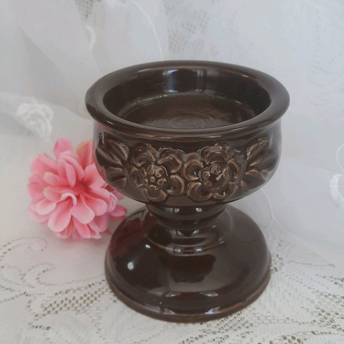 Rosa Ljung vintage ceramic candle holder used, brown floral relief