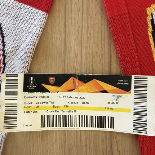 Arsenal Olympiacos 2019/20 Europa League Scarf with Authentic Ticket like new