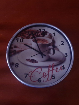 Wall clock Coffee Decor like new, silver, analog, 30cm diameter