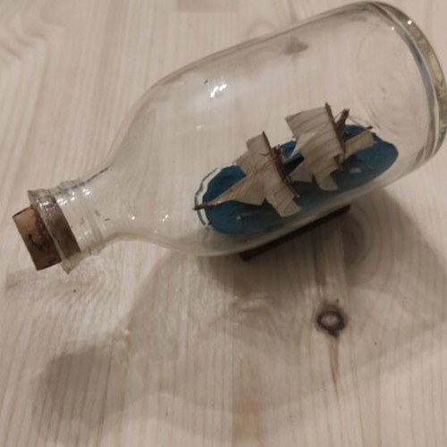 Decorative bottle with ship used, glass 15x9 cm