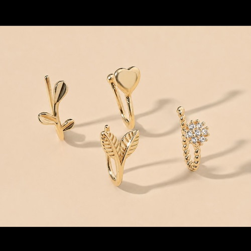 Set of 4 gold nose clip earrings for non-pierced noses