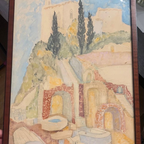 Watercolour painting used with Italian countryside theme, wooden frame