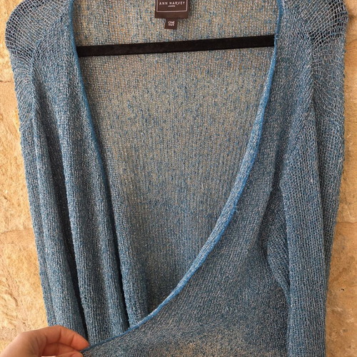 Ann Harvey Metallic Teal Open Front Knit Cardigan like new