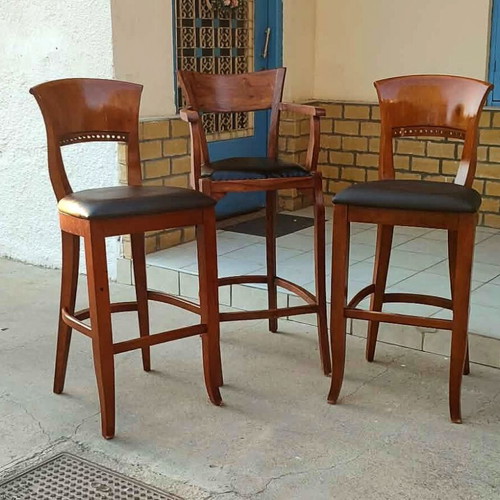 Biedermeier Style Bar Stools like new, set of 3 articulated vintage chairs