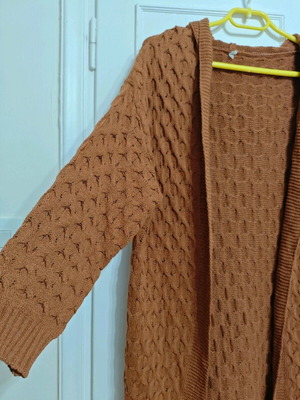Long knitted cardigan coat with hood like new, brown, size M