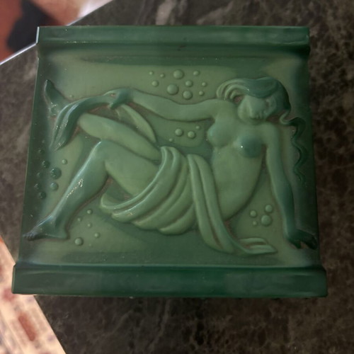 Art Deco Malachite Glass Jewelry Box with Embossed Water Nymph, Vintage