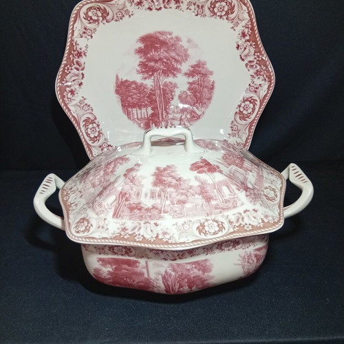 Royal Crown Kent Ltd Red Landscape porcelain soup tureen set with tray