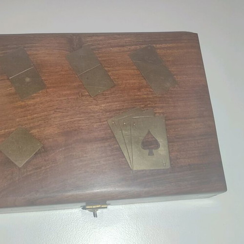 Wooden case with playing cards, dice and dominoes like new