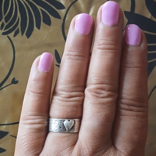Handmade 925 silver ring with gold fish and heart, 17.5 mm