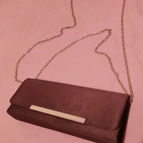 Satin clutch bag new, brown with gold detail and chains