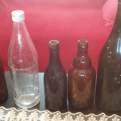 Antique wine and beer bottles used, pack of 5, 1930-1960