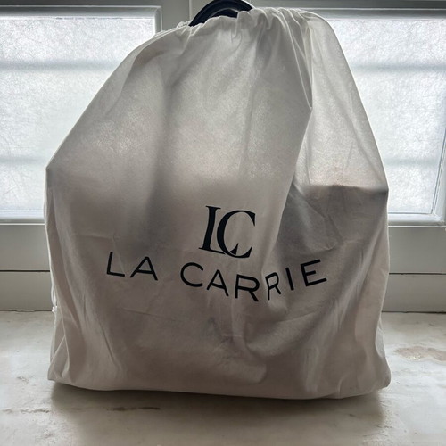 La Carrie large tote bag used, beige striped canvas with leather handles
