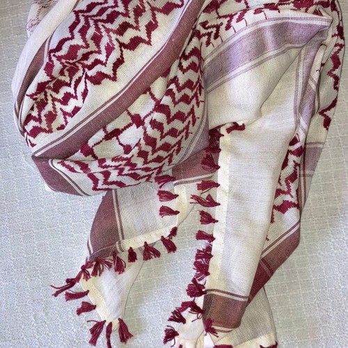 Keffiyeh style scarf like new, burgundy on cream, 120x120 cm