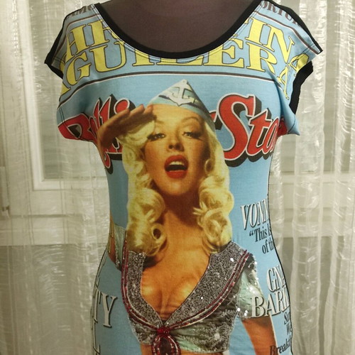Vintage Prima Linea Italia blouse with Pin-up Girl print and rhinestones like new