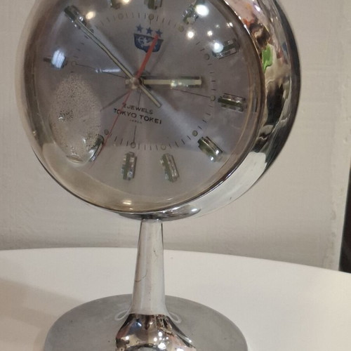 70's Tokyo Tokei manual wind-up alarm clock used, space age retro