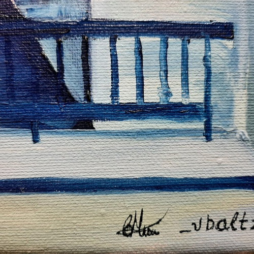 Oil painting urban landscape on canvas blue new
