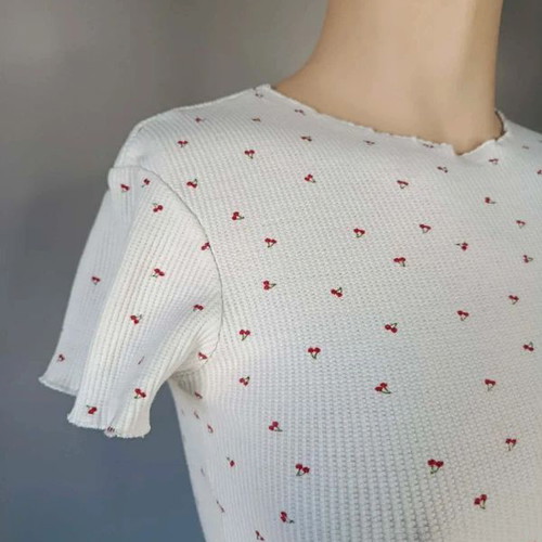 Bershka Cherry Crop Top white ribbed, like new, size XS