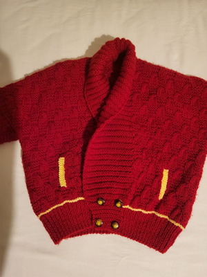 Handmade knitted cardigan new, red with yellow details