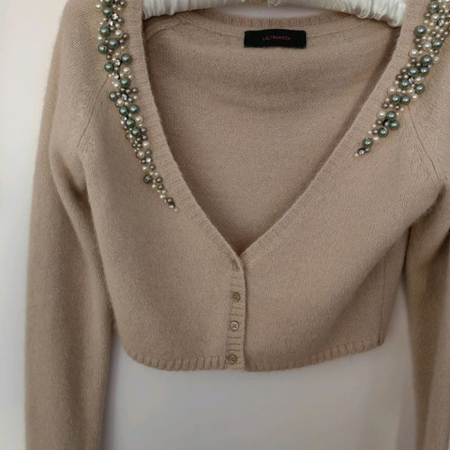 Mohair short cardigan with pearl embroidery, pink-beige, size S