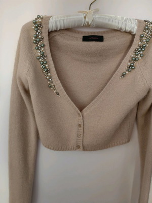Mohair short cardigan with pearl embroidery, pink-beige, size S