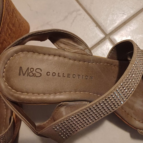 Mark's and Spencer platform sandals used, leather beige with rhinestones, size 38