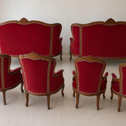 French Provincial Louis XV Style Living Room Suite 6-Piece Burgundy Velvet Like New