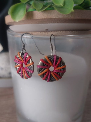 Silver earrings with multicolored waxed thread used