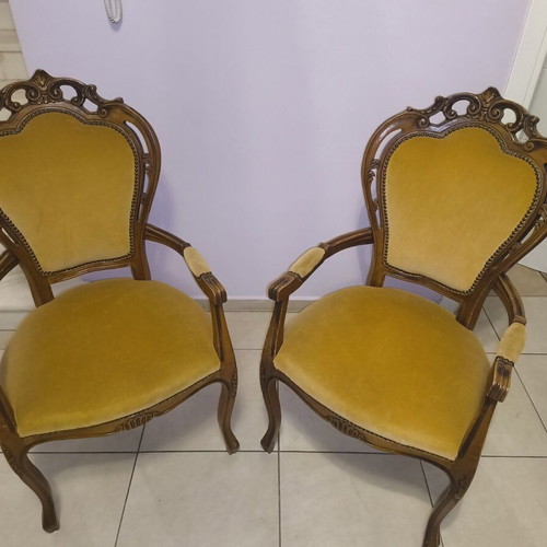 Pair of Baroque Louis XV style armchairs, velvet and wood