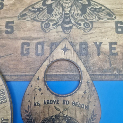 Ouija set wooden spirit board like new, vintage gothic occult design