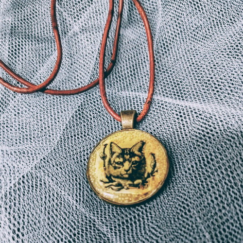 Cat pendant new, brass and epoxy resin jewelry