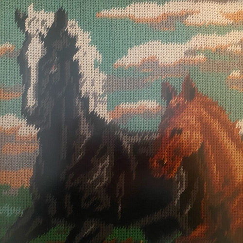 Embroidered painting like new with brown wooden frame and horses