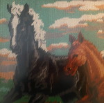 Embroidered painting like new with brown wooden frame and horses
