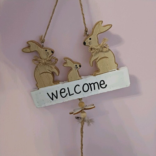 Hanging wooden decorative Easter sign rabbits like new