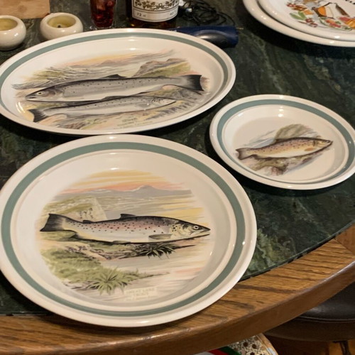 Set of 12 hand-painted porcelain dinner, salad plates and platter