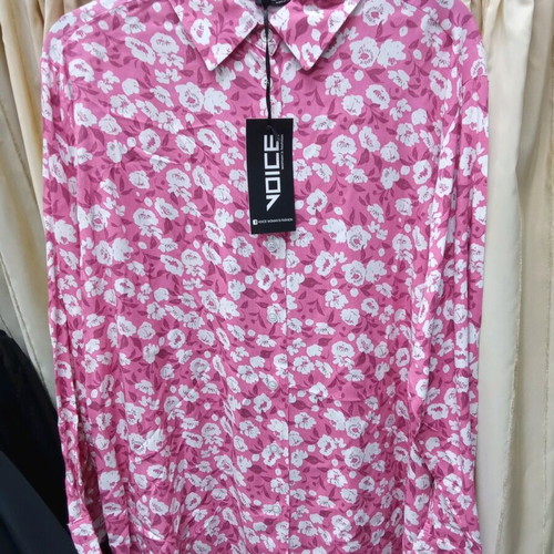 Women's shirt pink with white flowers new, satin fabric