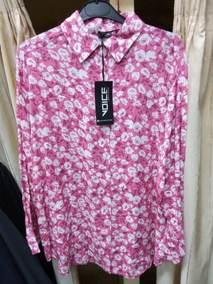Women's shirt pink with white flowers new, satin fabric
