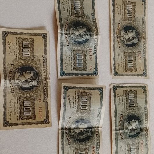 1942 Five Used Occupation 1000 Drachma Banknotes